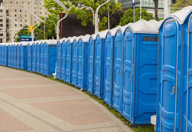 portable restrooms with sink and hand sanitizer stations, available at a festival in Amboy